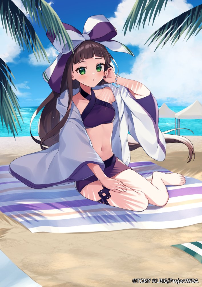 1girl anne_(wixoss) barefoot beach bikini blanket blue_sky blush bow breasts brown_hair cloud copyright_notice day green_eyes hair_bow hand_up hood hood_down hooded_jacket horizon jacket long_hair long_sleeves looking_at_viewer navel ocean official_art open_clothes open_jacket outdoors parted_lips purple_bikini sitting sky small_breasts solo sweat swimsuit very_long_hair water white_jacket wide_sleeves wixoss yamabukiiro yokozuwari