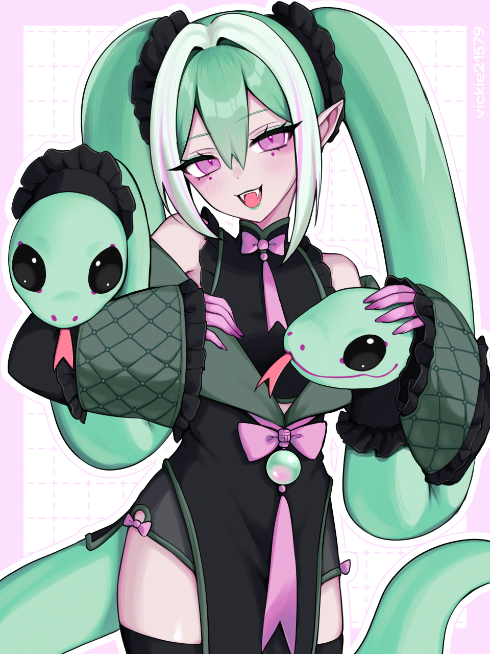 1girl alternate_costume alternate_eye_color artist_name bare_shoulders black_dress border borrowed_design commentary cowboy_shot dress fangs frilled_dress frills green_hair hatsune_miku highres long_hair looking_at_viewer neck_ribbon open_mouth pink_border pink_eyes pink_ribbon pointy_ears ribbon side_slit sleeveless sleeveless_dress smile snake snake_hair snake_tail solo standing tail twintails vickie_(cryingrobot) vocaloid