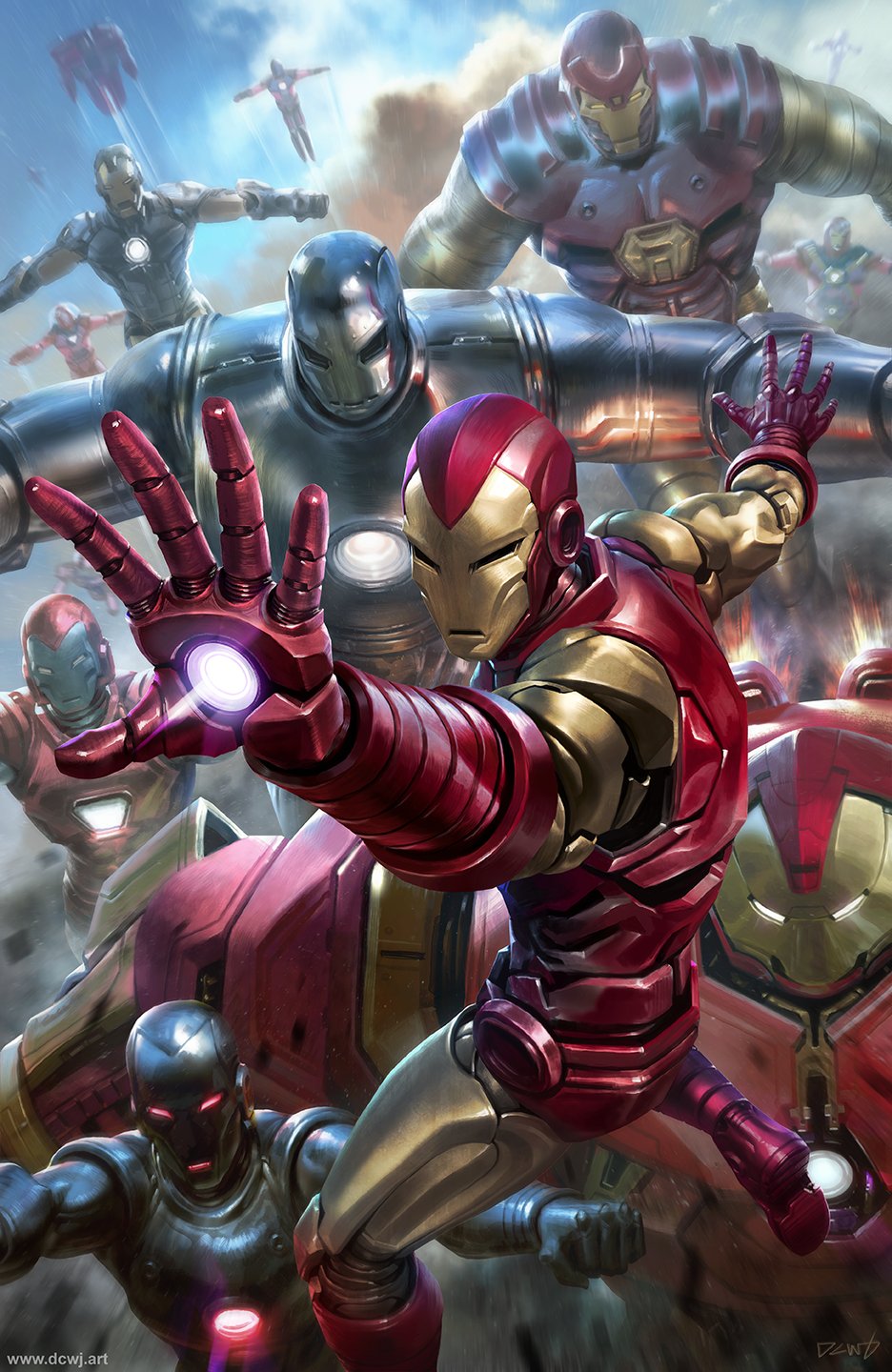 6+boys armor artist_name blue_sky day dcwj glowing glowing_eyes highres iron_man iron_man_(series) marvel multiple_boys outdoors red_eyes robot signature sky watermark web_address white_eyes