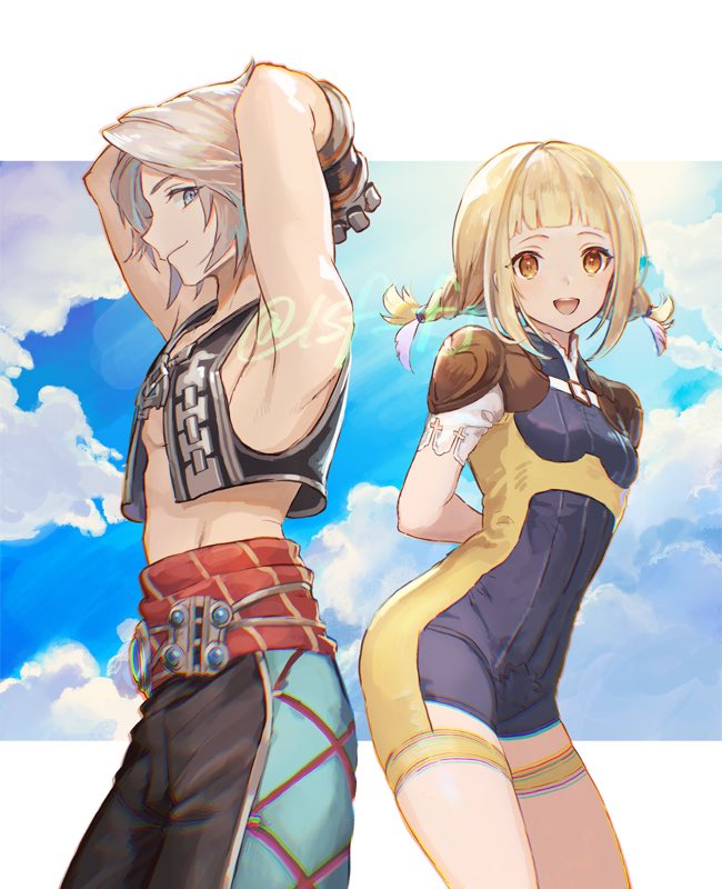 1boy 1girl arms_behind_back arms_behind_head bare_shoulders blonde_hair blue_bodysuit blue_eyes blue_sky blunt_bangs bodysuit breasts closed_mouth cloud cloudy_sky commentary_request cowboy_shot final_fantasy final_fantasy_xii gloves light_brown_hair looking_at_viewer low_twintails open_mouth penelo profile sasanomesi shoulder_pads sidelocks skin_tight sky small_breasts smile toned toned_male twintails twitter_username two-tone_bodysuit vaan_(ff12) vest yellow_bodysuit yellow_eyes