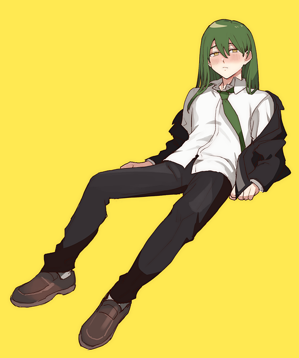 1boy black_jacket black_pants black_suit blush brown_footwear closed_mouth collared_shirt dress_pants dress_shirt eyebrow_cut formal_clothes full_body green_hair green_necktie invisible_chair jacket lapels loafers lobotomy_corporation long_hair long_sleeves looking_at_viewer male_focus medu_(rubish) necktie netzach_(project_moon) off_shoulder open_clothes open_collar open_jacket pants project_moon reclining shirt shoes simple_background sitting solo straight_hair suit suit_jacket untucked_shirt white_shirt yellow_background yellow_eyes