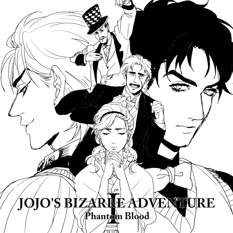 1girl 4boys dio_brando erina_pendleton facial_hair greyscale hat jojo_no_kimyou_na_bouken jonathan_joestar loll-ruhig monochrome multiple_boys mustache robert_e._o._speedwagon top_hat will_anthonio_zeppeli