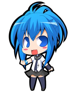 00s 1girl blue_eyes blue_hair blush chibi female_focus genderswap genderswap_(mtf) kampfer long_hair lowres matching_hair/eyes pac-man_eyes ponytail school_uniform senou_natsuru solo suntail thighhighs