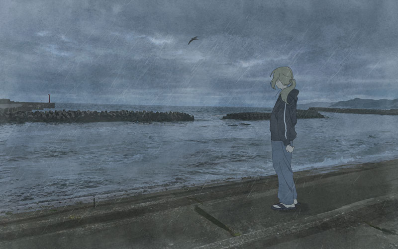 1girl bird black_hoodie blonde_hair blue_pants cloud facing_away hood hood_down hoodie horizon long_hair long_sleeves ocean outdoors overcast pants ponytail rain sandals sazanami_no_shoujo-tachi scenery sky socks solo soma_michiko standing storm toratani_rin water white_socks wide_shot