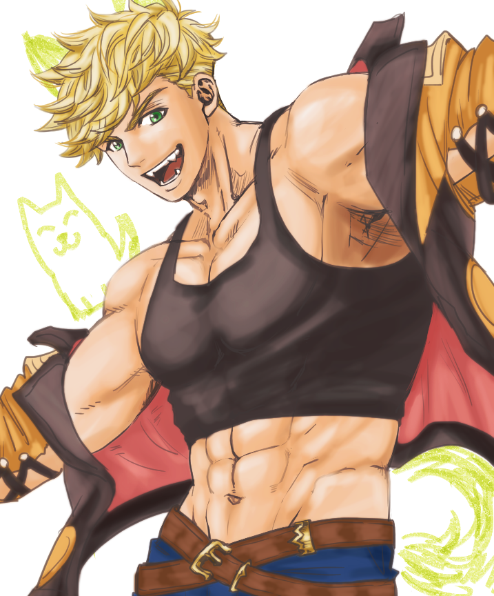 1boy abs bara belt black_tank_top blonde_hair blue_pants bunkichi_(bun005) cropped_jacket granblue_fantasy green_eyes jacket large_pectorals looking_at_viewer male_focus multiple_belts muscular muscular_male navel open_clothes open_jacket open_mouth orange_jacket pants pectorals short_hair smile solo tank_top vane_(granblue_fantasy) white_background