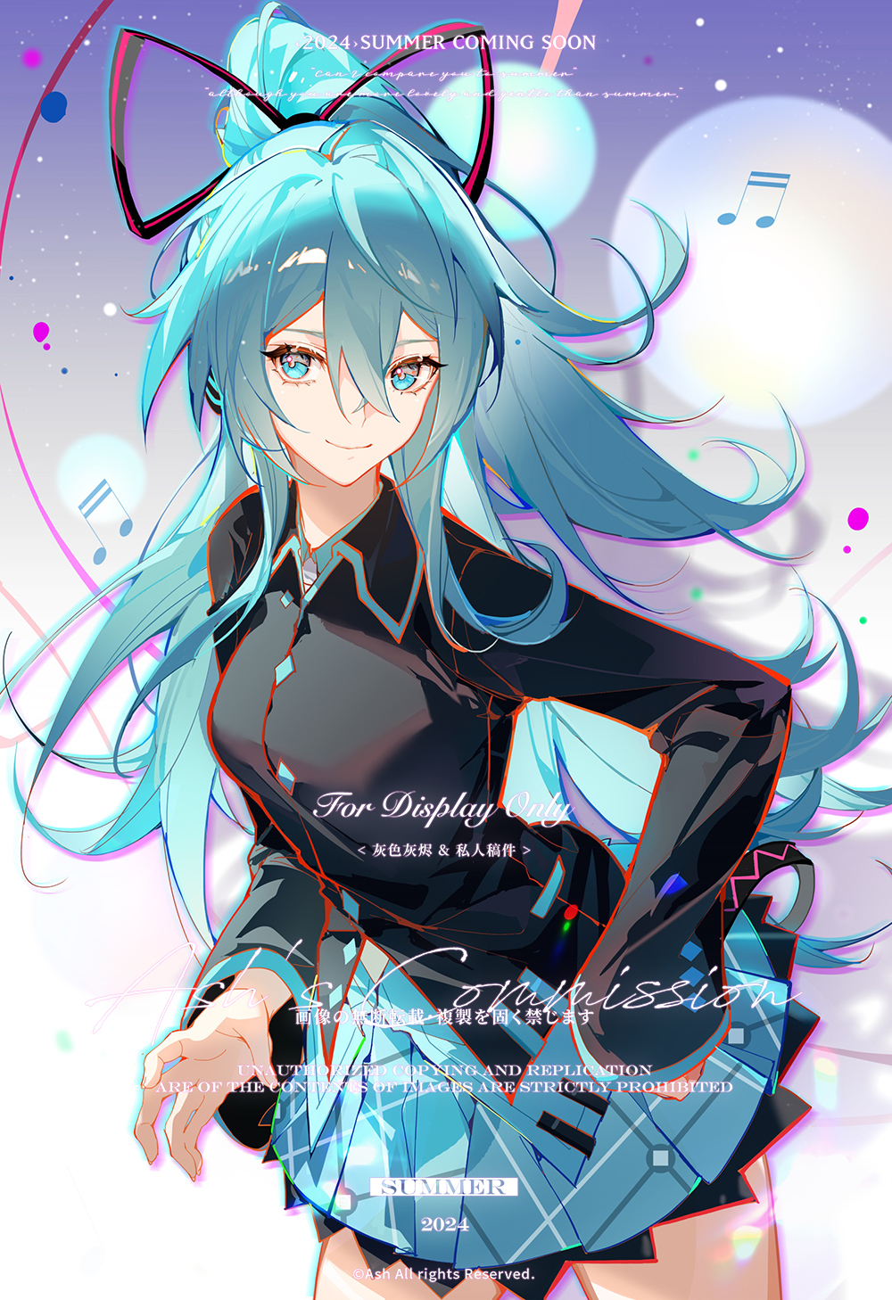 1girl aqua_eyes aqua_hair aqua_skirt aqua_trim black_jacket buttons closed_mouth collared_jacket commentary commission cowboy_shot diamond_button double-parted_bangs drop_shadow english_commentary gradient_background hair_between_eyes hair_ornament hand_on_own_hip hatsune_miku hatsune_miku_(if) highres indai_(3330425) jacket light_particles long_hair long_sleeves looking_at_viewer miniskirt musical_note plaid_clothes plaid_skirt pleated_skirt ponytail purple_background sidelocks simple_background skirt smile solo standing vocaloid watermark white_background