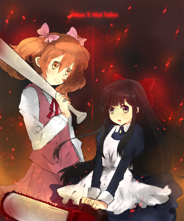 2girls aki_(misao) artist_request aya_drevis baseball_bat black_hair blood blue_dress blue_eyes blunt_bangs bow brown_eyes brown_hair buttons chainsaw copyright_name creator_connection crossover dress english_text hair_bow hair_ornament long_hair looking_at_viewer mad_father misao multiple_girls open_mouth pink_bow pink_skirt red_bow red_ribbon ribbon serious skirt twintails weapon