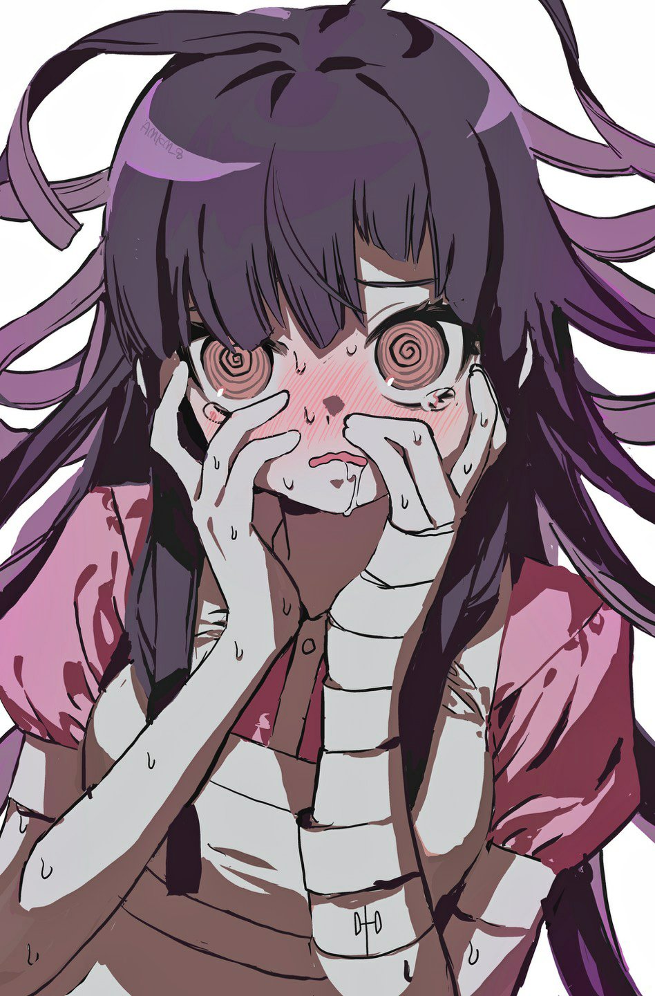 1girl @_@ amkm_8 apron bandaged_arm bandages black_hair blush breasts brown_eyes collared_shirt danganronpa_(series) danganronpa_2:_goodbye_despair hands_on_own_cheeks hands_on_own_face highres large_breasts messy_hair pink_hair pink_shirt puffy_short_sleeves puffy_sleeves purple_hair shirt short_sleeves simple_background solo sweat tsumiki_mikan upper_body white_background