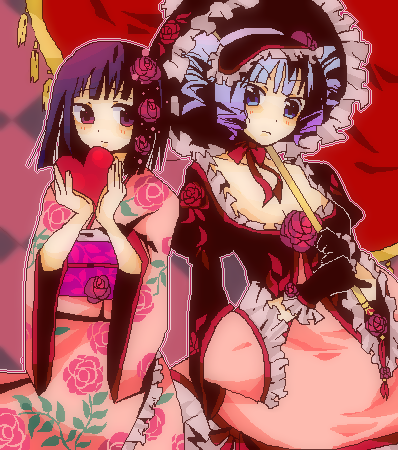 2girls ame-warashi black_hair blue_hair drill_hair flower gloves gothic_lolita hairband heart japanese_clothes jru_(xx201) kimono lolita_fashion lowres multiple_girls obi oekaki parasol rose sash short_hair twintails umbrella xxxholic zashiki-warashi zashiki-warashi_(xxxholic)