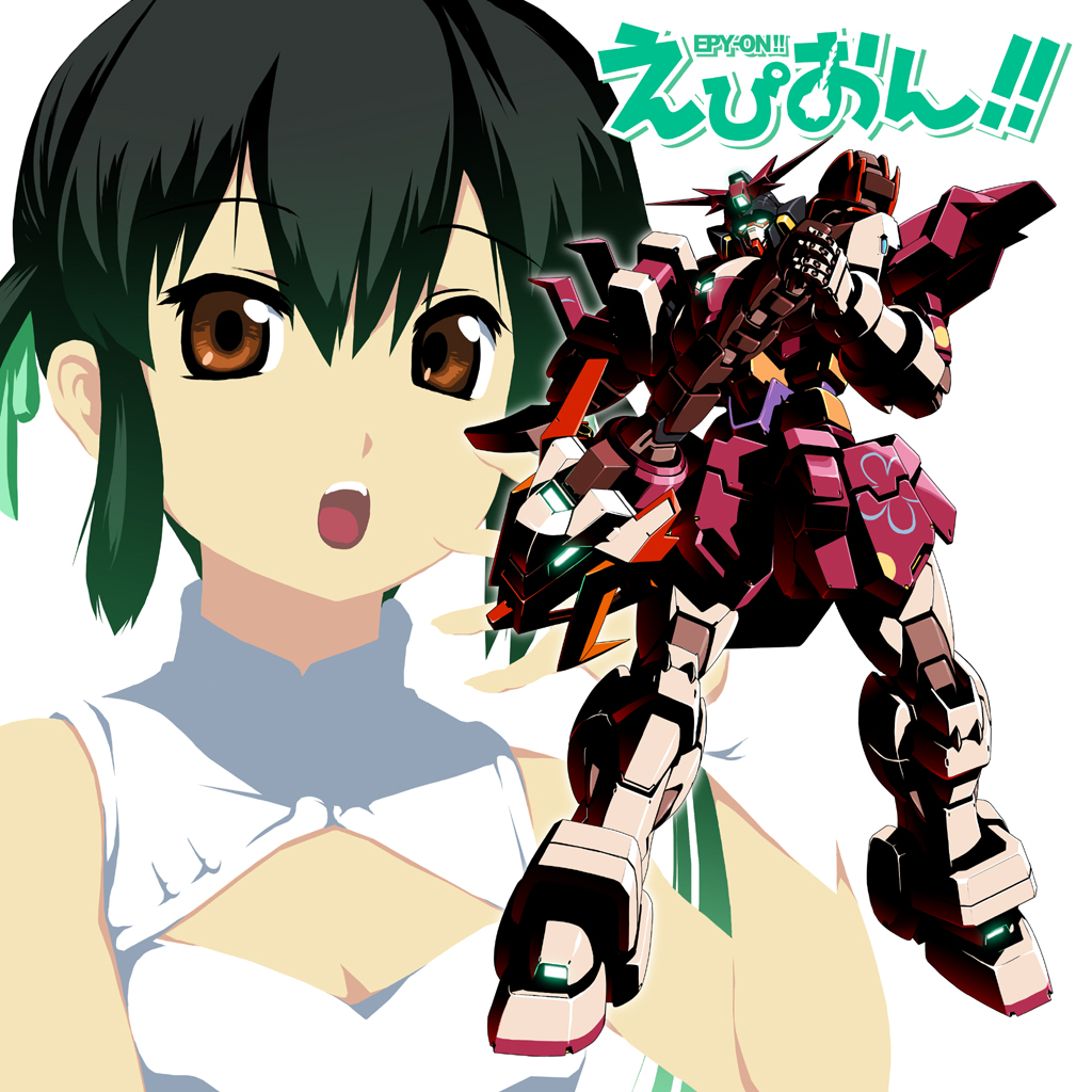 1990s_(style) black_hair brown_hair cleavage_cutout clothing_cutout guitar gundam gundam_wing instrument k-on! kaneko_tsukasa mecha nakano_azusa open_mouth retro_artstyle robot shenlong_gundam shenron_gundam solo