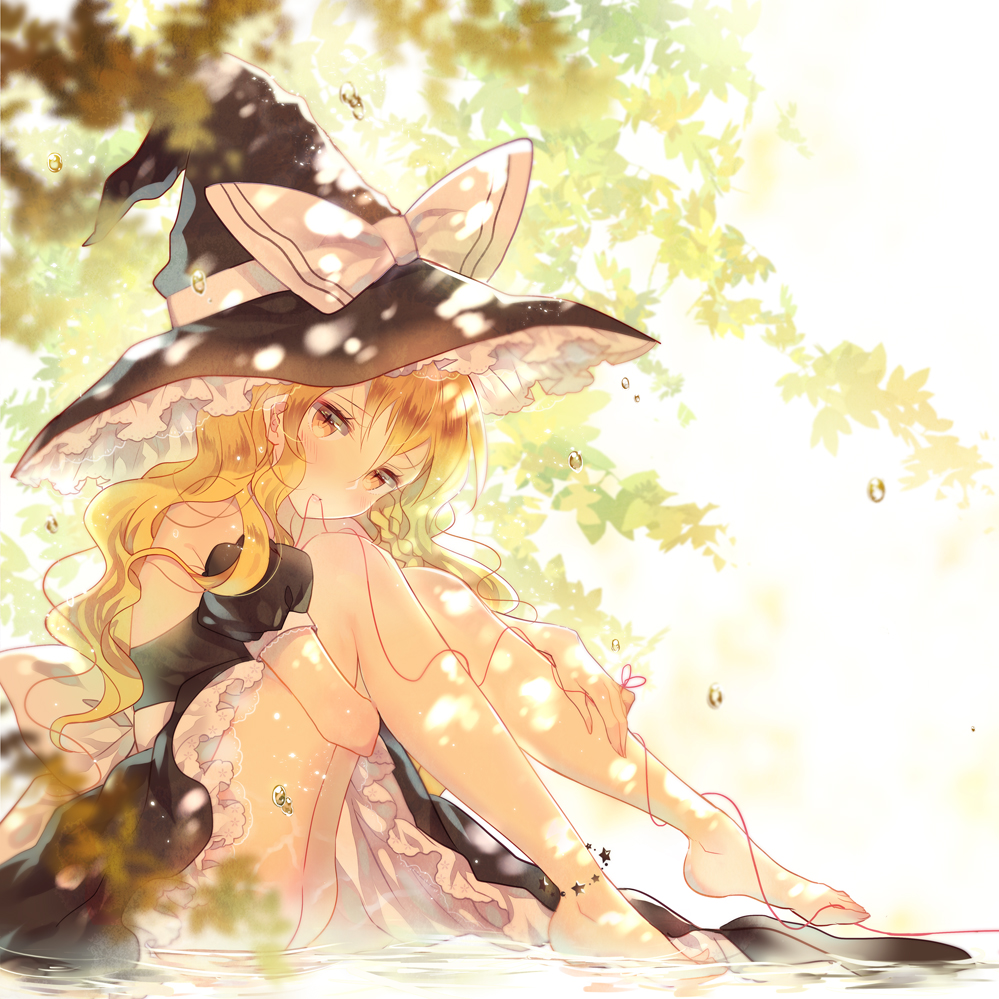 1girl barefoot black_skirt blonde_hair bow domotolain female_focus hat hat_bow kirisame_marisa long_hair looking_at_viewer sash sitting skirt skirt_set solo touhou vest wavy_hair white_bow witch_hat yellow_eyes