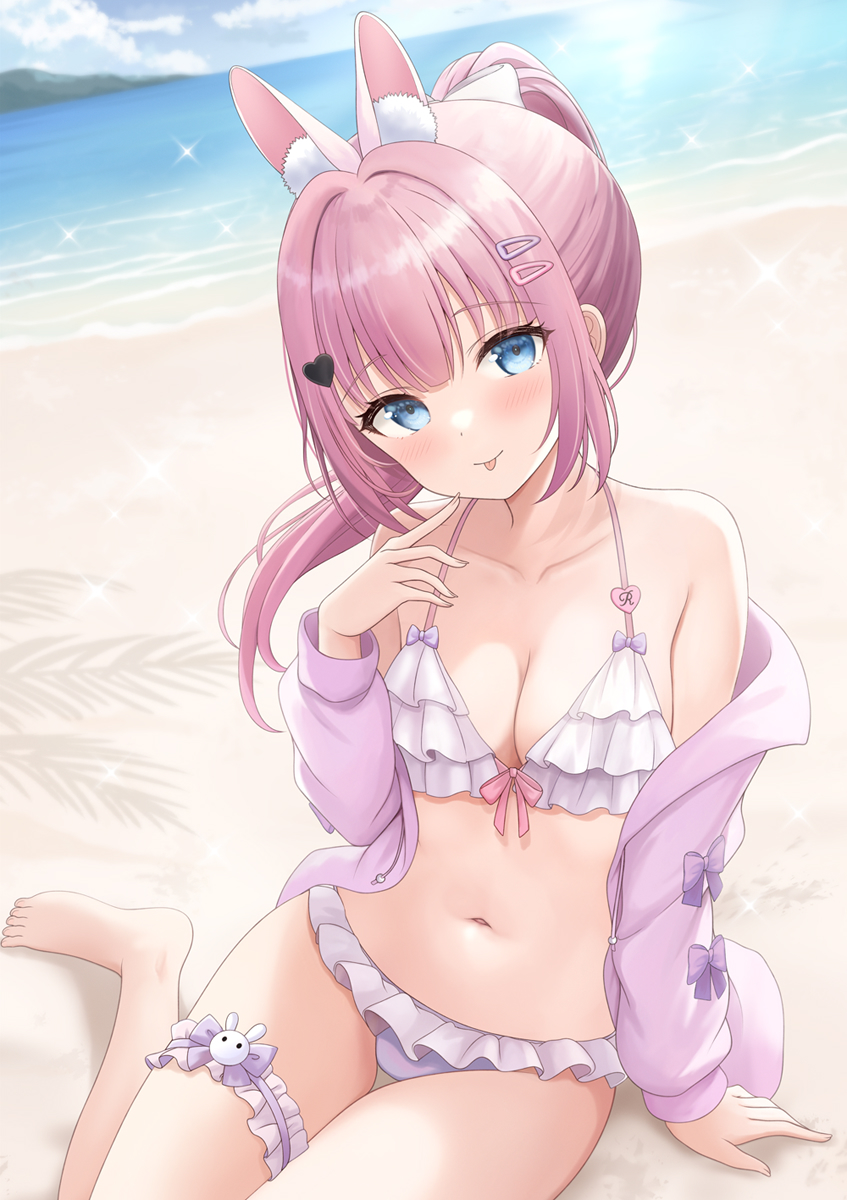 1girl :p animal_ears ayase_ririco bare_shoulders barefoot beach bikini blue_eyes breasts bridal_garter cleavage closed_mouth collarbone day frilled_bikini frilled_garter frills front-tie_bikini_top front-tie_top hair_ornament hairclip hand_rest hand_to_own_mouth hand_up head_tilt heart heart_hair_ornament highres indie_virtual_youtuber jacket kirifrog long_hair looking_at_viewer medium_breasts navel off_shoulder open_clothes open_jacket outdoors pink_hair ponytail purple_jacket rabbit_ornament sidelocks sleeve_bow smile solo stomach string_bikini swimsuit thighs tongue tongue_out virtual_youtuber white_bikini