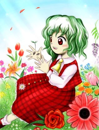 1girl :d ascot blue_flower blue_sky collared_shirt day flower frilled_ascot frills grass green_hair kazami_yuuka long_sleeves lowres medinki official_style open_mouth orange_flower outdoors pink_flower plaid_clothes plaid_skirt plaid_vest purple_flower red_eyes red_flower red_footwear red_skirt red_vest seed shirt short_hair skirt sky smile socks solo teeth touhou upper_teeth_only vest white_flower white_shirt white_socks yellow_ascot yellow_flower zun_(style)