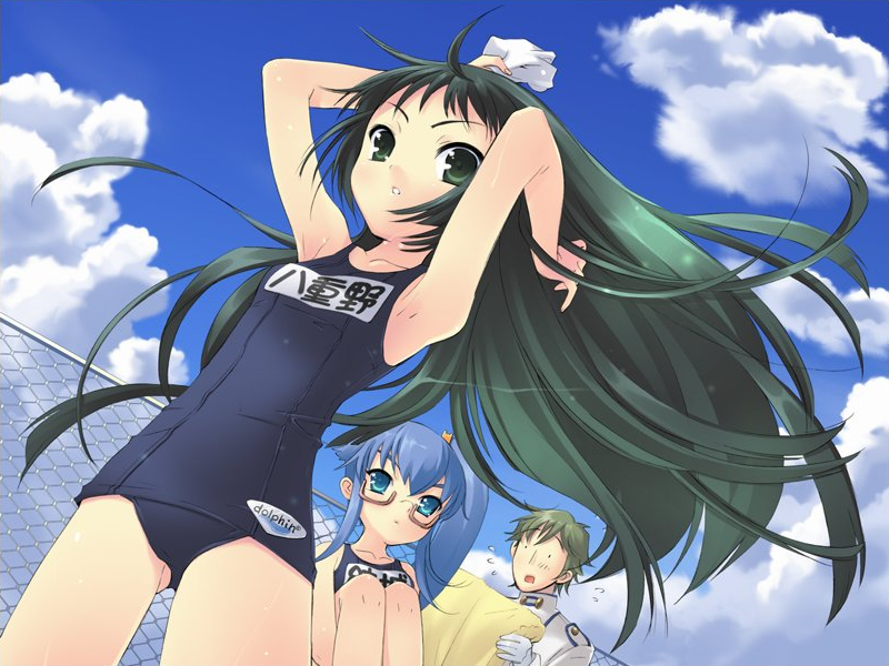 00s 1boy 2girls armpits arthur_matsuda clothes_writing game_cg ito_noizi multiple_girls name_tag nanatsuiro_drops nona_yuuki one-piece_swimsuit school_swimsuit swimsuit yaeno_nadeshiko yuuki_nona