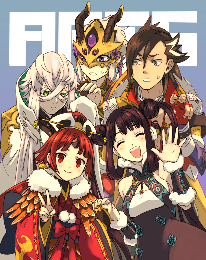 2girls 3boys asclepius_(fate) beni-enma beni-enma_(second_ascension) black_hair bridal_gauntlets fate/grand_order fate_(series) feather_trim hat high_collar holding_hands long_sleeves mandricardo_(fate) mask multiple_boys multiple_girls prince_of_lan_ling_(fate) pspsno_pan red_hair sleeves_past_fingers sleeves_past_wrists smile v waving white_hair yang_guifei_(fate) yang_guifei_(first_ascension)_(fate)