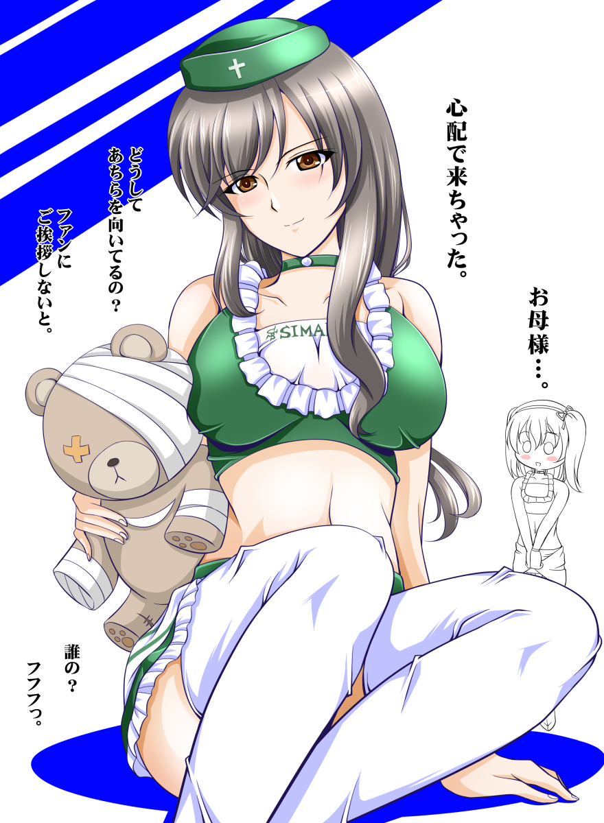 10s 2girls blush breasts brown_eyes girls_und_panzer hat highres large_breasts midriff multiple_girls navel race_queen rusher shimada_arisu shimada_chiyo thighhighs white_hair