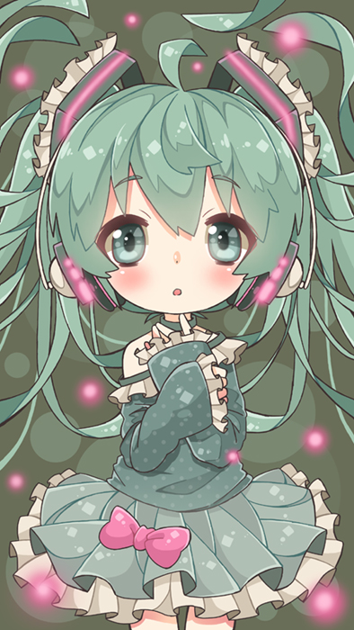 1girl ahoge chibi chitetan female_focus green_eyes green_hair hatsune_miku headphones long_hair matching_hair/eyes skirt solo vocaloid