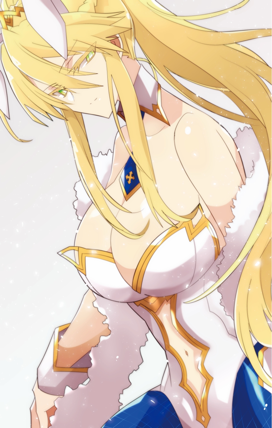 1girl animal_ears artoria_pendragon_(all) artoria_pendragon_(fate) artoria_pendragon_(swimsuit_ruler)_(fate) artoria_pendragon_(swimsuit_ruler)_(first_ascension)_(fate) bare_shoulders blonde_hair blue_pantyhose braid breasts cleavage clothing_cutout colored_eyelashes cross detached_collar expressionless fake_animal_ears fate/grand_order fate_(series) fishnet_pantyhose fishnets green_eyes grey_background highres large_breasts leotard long_hair looking_to_the_side midriff navel navel_cutout necktie nogi_(acclima) pantyhose playboy_bunny ponytail rabbit_ears shawl sidelocks simple_background solo very_long_hair wrist_cuffs