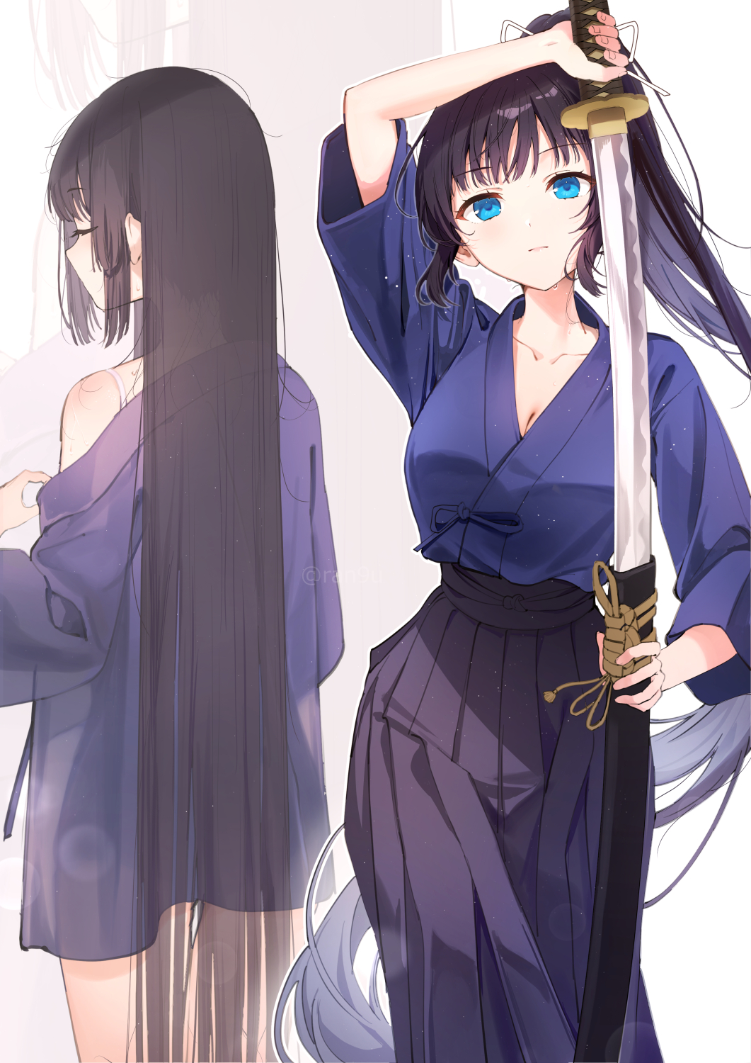 1girl black_hair black_hakama blue_eyes blue_kimono blurry bokeh bra bra_strap breasts cleavage closed_eyes closed_mouth collarbone commentary_request cowboy_shot depth_of_field dougi facing_away facing_viewer hakama highres holding holding_sword holding_weapon japanese_clothes katana kimono light_particles long_hair medium_breasts multiple_views original ponytail rangu sheath simple_background solo straight_hair sweat sword underwear undressing unsheathing very_long_hair weapon white_background white_bra