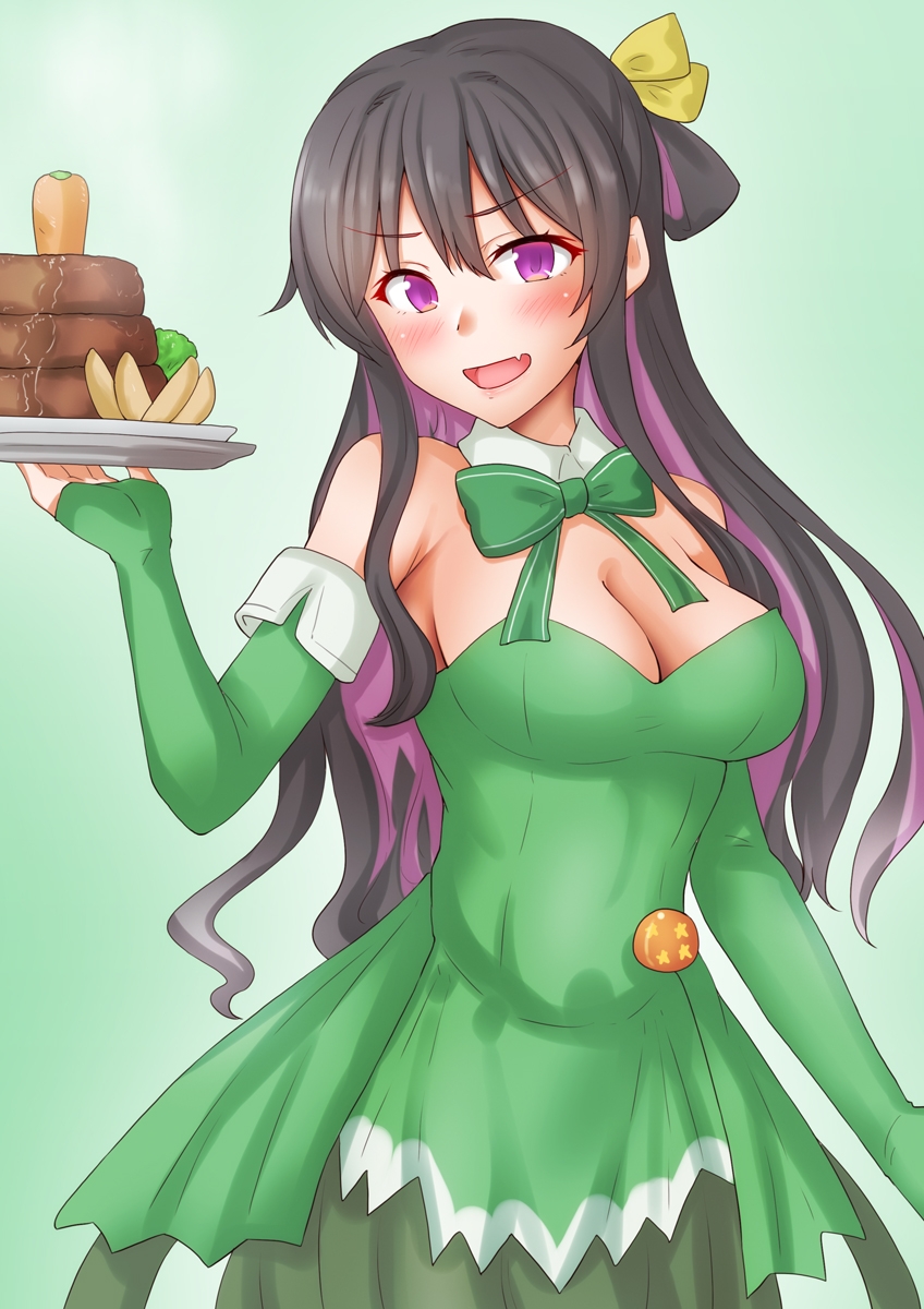 1girl anti_(untea9) black_hair blush breasts broccoli carrot cowboy_shot detached_collar detached_sleeves dress gradient_background green_background green_dress green_ribbon hair_ribbon hamburger_steak highres kantai_collection large_breasts long_hair looking_at_viewer multicolored_hair naganami_(kancolle) pink_hair plate potato ribbon smile solo strapless strapless_dress tray two-tone_hair waitress wavy_hair yellow_eyes