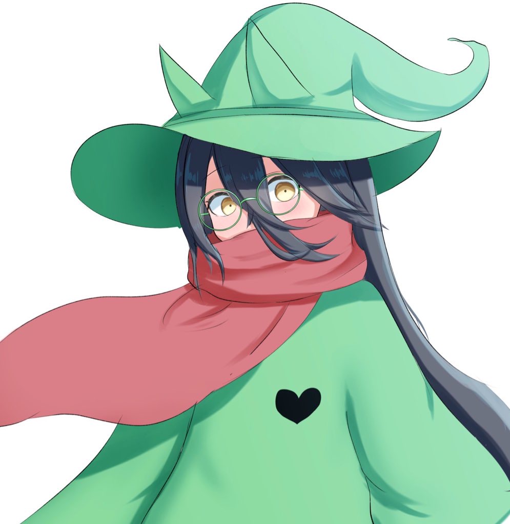 1girl black_hair cosplay deltarune glasses green_hat green_robe hair_between_eyes hat heart heart_print horse_girl iggy@cafe long_hair looking_at_viewer manhattan_cafe_(umamusume) ralsei ralsei_(cosplay) red_scarf robe round_eyewear scarf simple_background solo umamusume white_background witch_hat