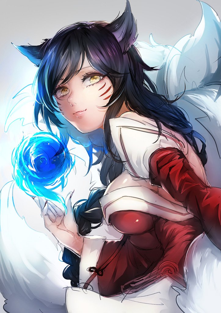 1girl ahri_(league_of_legends) animal_ears black_hair breasts facial_mark female_focus fingernails fox_ears fox_tail league_of_legends lips long_hair looking_at_viewer medium_breasts niimaru simple_background smile solo strapless tail yellow_eyes