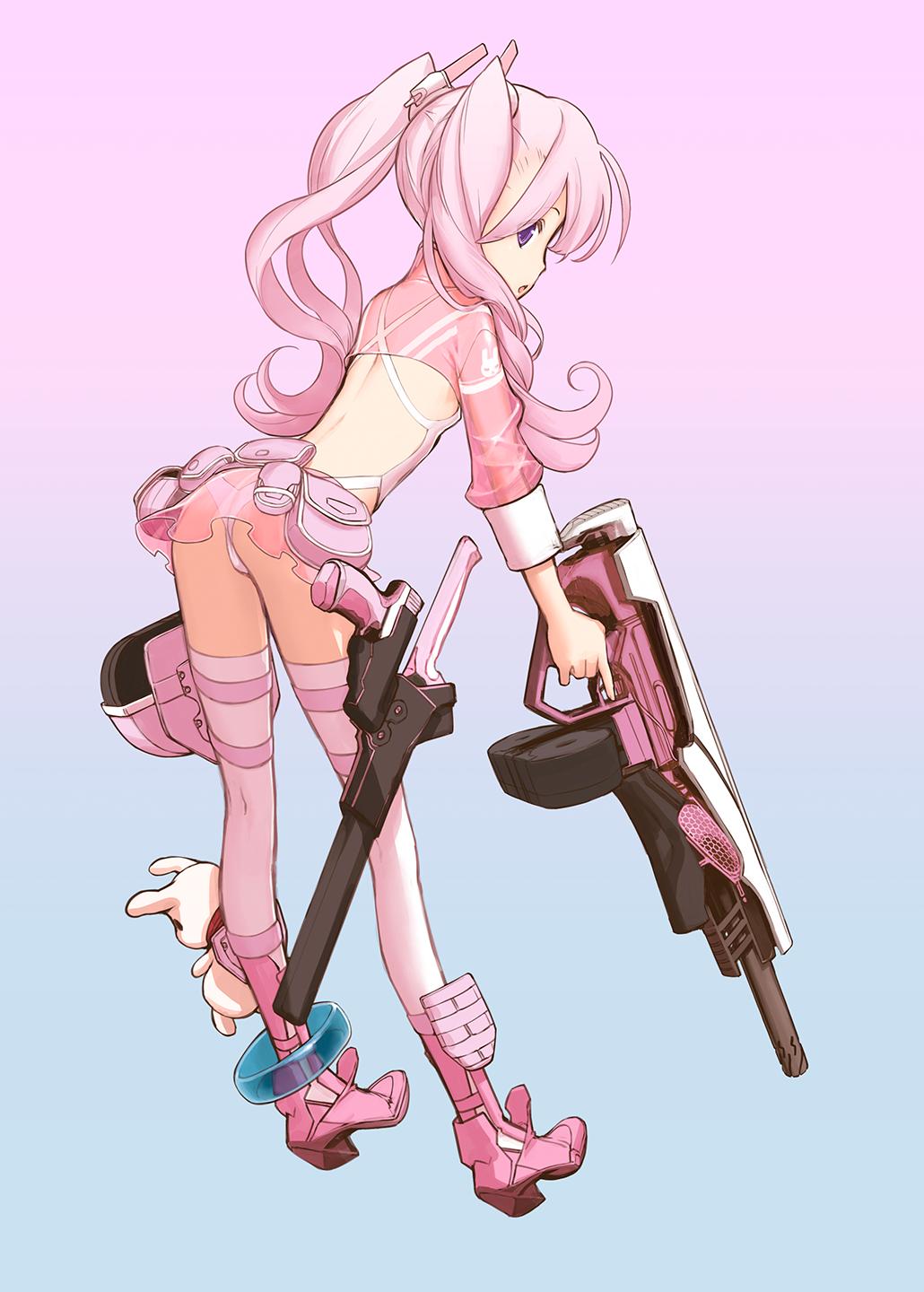 1girl ass bag boots chuuou_higashiguchi commentary_request from_behind full_body gradient_background gun handgun highres holding holding_gun holding_weapon holster holstered long_hair microskirt original panties pink_hair pink_thighhighs purple_eyes satchel see-through_clothes see-through_shirt see-through_sleeves shirt shotgun shrug_(clothing) skirt solo stuffed_toy thighhighs underwear weapon white_panties