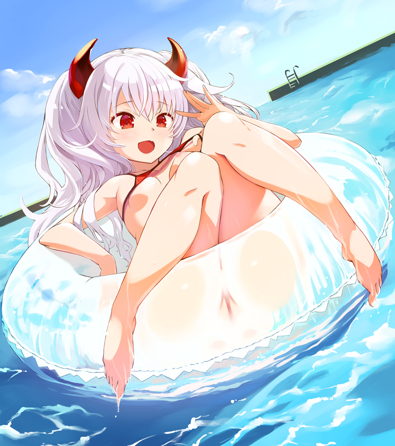 1girl bare_legs barefoot bikini bikini_pull bombergirl clothes_pull day grim_aloe horns innertube lying micro_bikini nipples on_back open_mouth outdoors pool red_bikini red_eyes silver_hair smile solo summer swim_ring swimsuit yuu_(kfc)