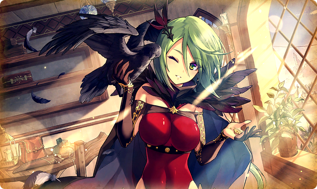 1girl ;d aswald_(ta_ga_tame_no_alchemist) bird black_feathers bob_cut breasts commentary covered_navel crow day feathers green_eyes green_hair hair_between_eyes hands_up highleg indoors lantern looking_at_animal official_art one_eye_closed open_mouth parted_lips skin_tight smile solo standing ta_ga_tame_no_alchemist table third-party_source upper_body