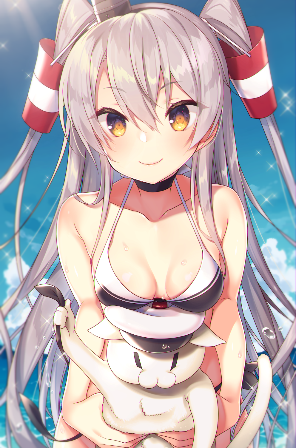 1girl amatsukaze_(kancolle) animal bare_shoulders batsubyou bikini black_bikini blush breasts brown_eyes cat choker cleavage collarbone commentary_request garrison_cap hair_tubes hat highres holding holding_animal holding_cat kantai_collection long_hair looking_at_viewer military_hat mini_hat revision side-tie_bikini_bottom silver_hair small_breasts smile solo swimsuit tahya two_side_up untied_bikini