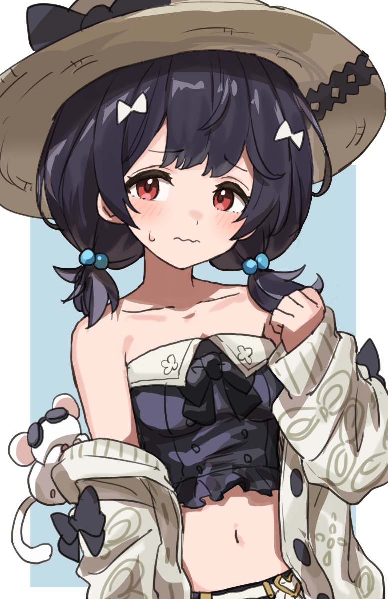 1girl black_hair collar gazacy_(dai) granblue_fantasy hair_bobbles hair_ornament hat highres jacket jacket_on_shoulders low_twintails mouse_(animal) navel orange_eyes shirt short_twintails simple_background solo stomach strapless strapless_shirt sun_hat sweatdrop twintails vikala_(granblue_fantasy) vikala_(summer)_(granblue_fantasy)