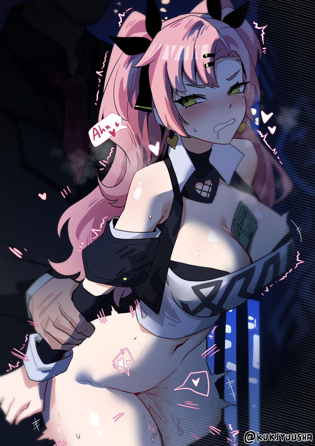 1boy 1girl banknote blush bottomless breasts cleavage crop_top formal_clothes green_eyes hetero highres kukiyuusha large_breasts money money_between_breasts navel nicole_demara pink_hair prostitution sex solo_focus suit vaginal zenless_zone_zero