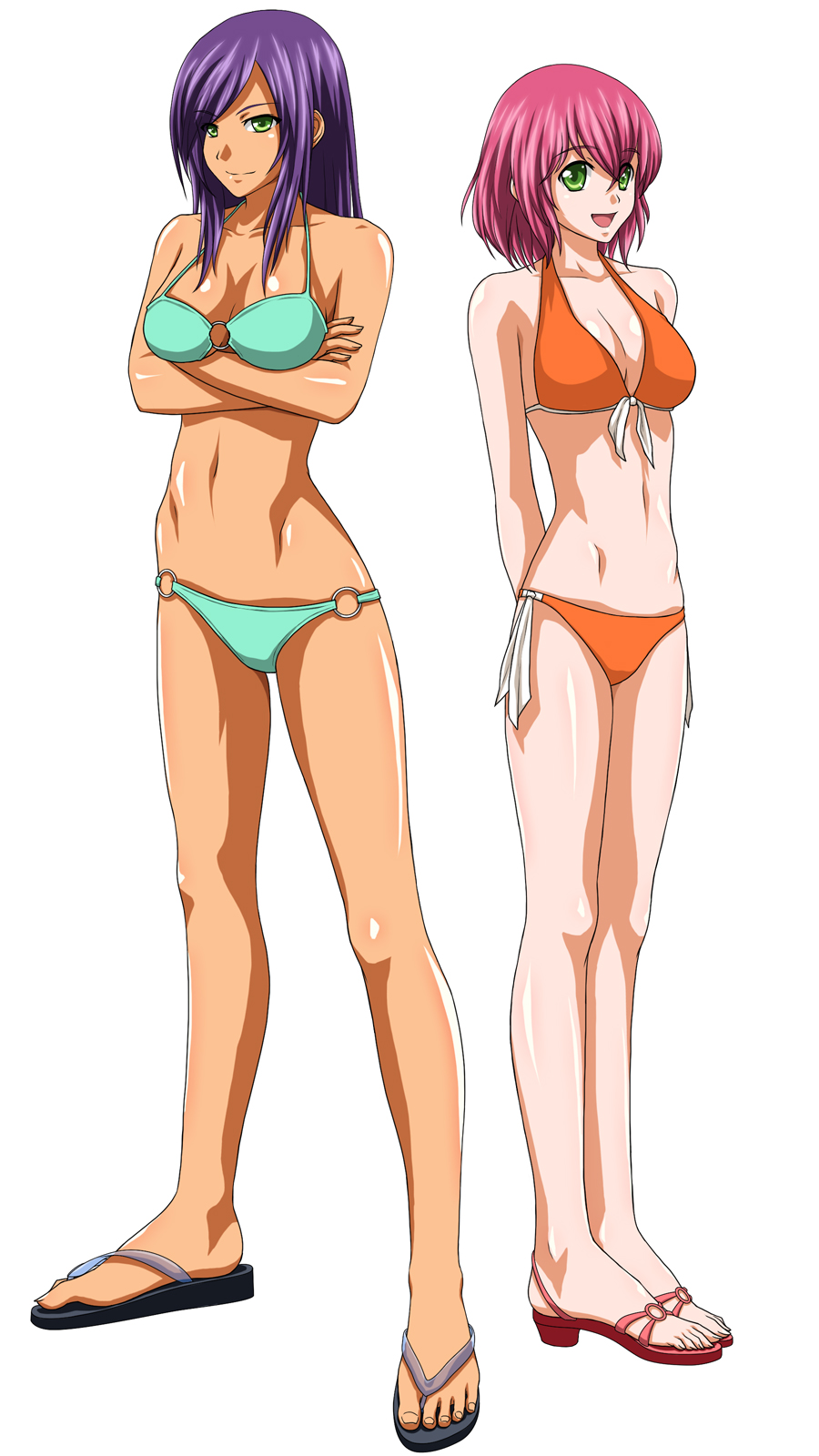 1990s_(style) 2girls bad_id bad_pixiv_id bikini crossed_arms dark-skinned_female dark_skin faris_scherwiz final_fantasy final_fantasy_v flip-flops green_eyes highres lapis lenna_charlotte_tycoon long_hair multiple_girls open_mouth orange_bikini pink_hair purple_hair red_hair retro_artstyle sandals short_hair siblings sile sisters smile swimsuit