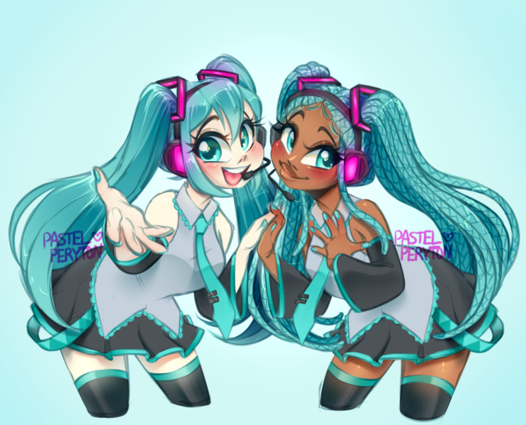 1girl afro alternate_skin_color aqua_eyes aqua_hair bare_shoulders blue_eyes blue_hair cropped_legs dark-skinned_female dark_skin detached_sleeves dreadlocks dual_persona hair_bun hair_ornament hatsune_miku long_hair looking_at_viewer necktie official_alternate_hairstyle open_mouth shirt simple_background skirt sleepyc0re sleeveless smile thighhighs twintails very_long_hair vocaloid