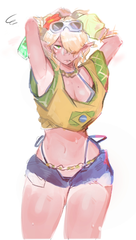 1girl armpits arms_up bikini bikini_under_clothes blonde_hair blue_bikini blush brazilian_flag_print brazilian_miku brazilian_miku_(cosplay) breasts cleavage closed_mouth commentary_request contrapposto cosplay cowboy_shot crop_top denim denim_shorts derorin expressionless eyewear_on_head flower glasses green_eyes hair_between_eyes hair_flower hair_ornament hair_over_one_eye hatsune_miku highleg highleg_bikini long_bangs looking_at_viewer medium_breasts mizuhashi_parsee mole mole_on_breast navel open_fly orange_flower pointy_ears print_shirt shirt short_shorts short_sleeves shorts simple_background solo sunglasses swimsuit tan tanline touhou vocaloid white-framed_eyewear white_background yellow_shirt