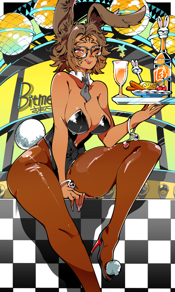 1girl :q alcohol animal_ears black_leotard bottle bracelet breasts brown_hair brown_pantyhose cherry cleavage collarbone cup dark-skinned_female dark_skin detached_collar drinking_glass facial_tattoo fingernails food foot_out_of_frame fruit grey_neckerchief hand_up high_heels holding holding_tray jewelry kafun large_breasts leg_up leotard long_fingernails looking_at_viewer navel neckerchief necktie one_eye_closed original pantyhose pink_eyes pink_nails playboy_bunny rabbit_ears rabbit_girl rabbit_tail red_lips short_hair short_necktie sitting tail tattoo thighs tongue tongue_out tray wine wine_bottle wine_glass