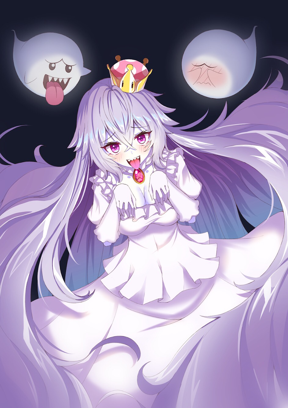 1girl black_background black_eyes blue_hair blush boo_(mario) breasts cleavage closed_mouth colored_skin covering_own_eyes creature crown dress eyelashes frills gem genderswap genderswap_(mtf) ghost ghost_pose glowing gradient_hair hair_between_eyes highres light_purple_hair long_eyelashes long_hair luigi&#039;s_mansion mario_(series) multicolored_hair new_super_mario_bros._u_deluxe nintendo open_mouth princess_king_boo purple_eyes red_gemstone sharp_teeth shiny_skin simple_background solo syu45 teeth tongue tongue_out upper_teeth_only very_long_hair white_dress white_skin