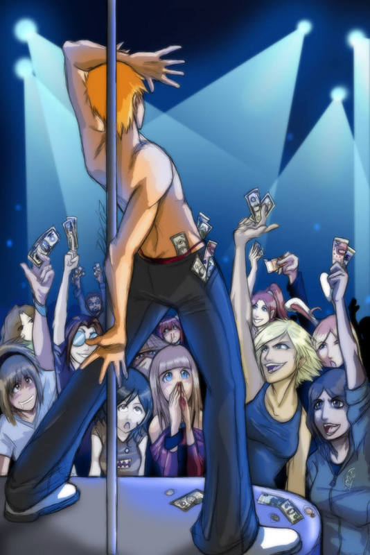 6+girls bleach kuchiki_rukia kurosaki_ichigo money multiple_girls orange_hair panties pole pole_dancing shihouin_yoruichi topless_male spotlights stage stripper thong underwear whale_tail_(clothing)