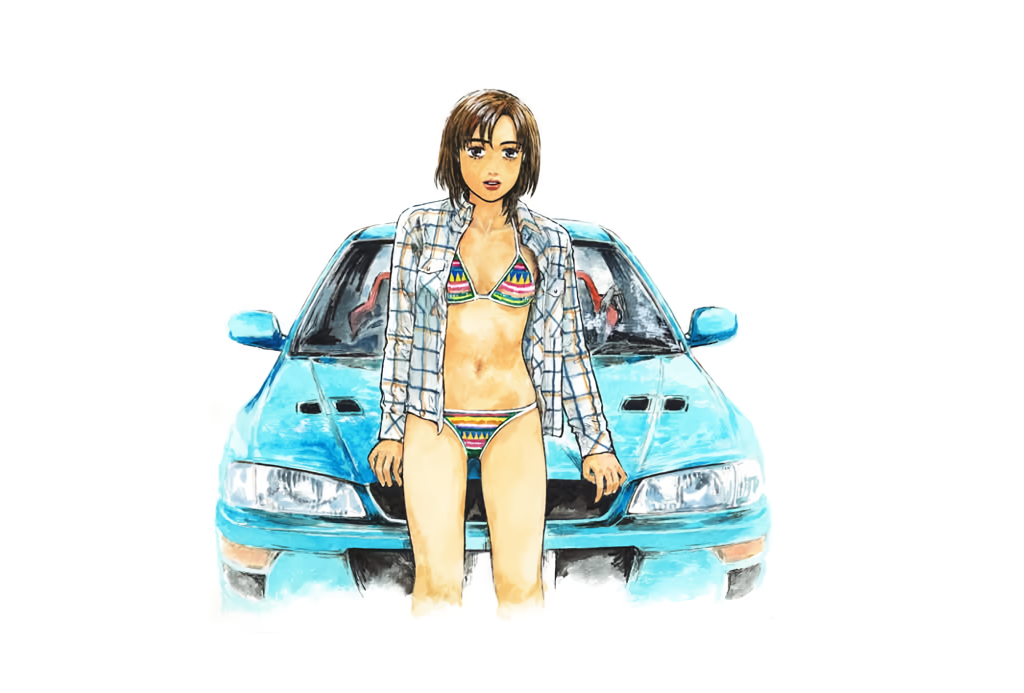 1girl belly bikini bottomless breasts brown_eyes brown_hair buttons car comic cover cover_page day dress_shirt highres initial_d lips lipstick looking_at_viewer makeup manga_cover medium_breasts motor_vehicle navel official_art open_clothes open_mouth open_shirt outdoors plaid_clothes plaid_shirt pocket red_lips right-hand_drive shigeno_shuuichi shirt short_hair smile solo standing subaru subaru_(brand) subaru_impreza swept_bangs swimsuit uehara_mika vehicle vehicle_focus