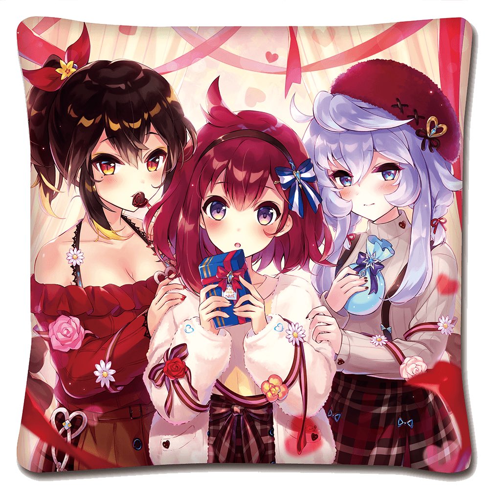 3girls :o ahoge bertha_(ta_ga_tame_no_alchemist) black_hair blonde_hair blue_bow blue_eyes blue_hair blush bow bow_hairband box breasts brown_hairband brown_skirt cleavage closed_mouth double-parted_bangs flower gift gift_bag gift_box hair_between_eyes hairband hand_on_another&#039;s_arm hand_on_another&#039;s_shoulder hand_on_own_chest heart holding holding_gift indoors itsuki_(ta_ga_tame_no_alchemist) looking_at_viewer mikan_ame_(gumi) mole mole_under_eye multiple_girls nail_polish off-shoulder_shirt off_shoulder official_alternate_costume official_art open_mouth orange_eyes pink_flower pink_rose purple_eyes ravina_(ta_ga_tame_no_alchemist) red_hair red_nails red_ribbon red_shirt ribbon rose second-party_source shirt sidelocks skirt smile ta_ga_tame_no_alchemist two-handed upper_body white_flower