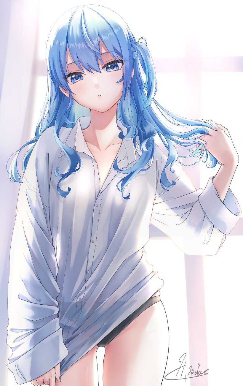 1girl black_panties blue_eyes blue_hair blue_nails breasts collared_shirt cowboy_shot curtains hair_between_eyes hand_in_own_hair head_tilt highres hinata_habi_ss hololive hoshimachi_suisei indoors long_hair long_sleeves looking_at_viewer no_pants panties see-through_clothes see-through_shirt shirt signature small_breasts solo standing underwear virtual_youtuber white_shirt window