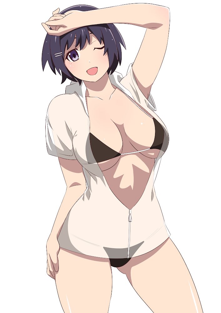 :d alternate_costume anime_coloring arm_up bikini bikini_under_clothes black_bikini black_hair breasts breasts_apart cheek_blush collarbone commentary_request contrapposto cowboy_shot dot_nose gluteal_fold grey_eyes guchiknight hair_ornament hairclip hand_on_own_forehead hand_on_own_thigh hanekawa_tsubasa hood hood_down hoodie large_breasts light_blush looking_at_viewer medium_eyebrows midriff monogatari_(series) no_pants official_alternate_hairstyle official_style one_eye_closed open_clothes open_hoodie open_mouth purple_eyes see-through_hoodie short_hair short_sleeves simple_background smile standing string_bikini swimsuit swimsuit_under_clothes white_background white_hoodie zipper zipper_pull_tab