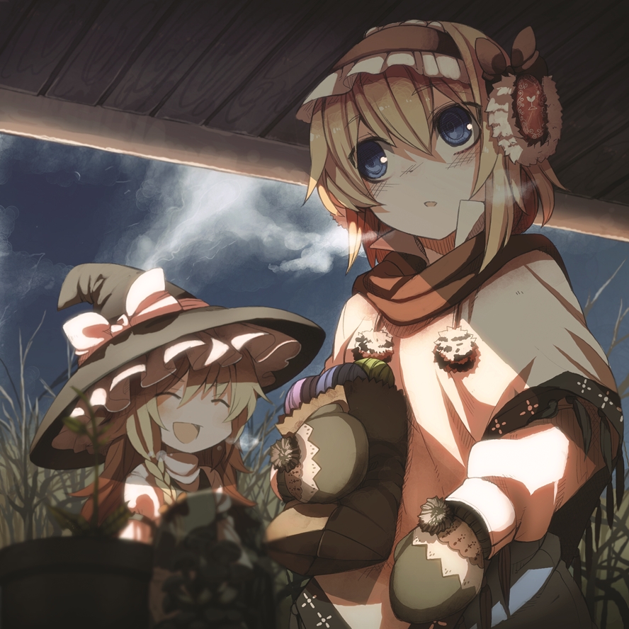 2girls :d ^_^ alice_margatroid blonde_hair blue_eyes braid closed_eyes earmuffs closed_eyes female_focus fuurin_(omaemona) hairband hat kirisame_marisa long_hair mittens multiple_girls open_mouth single_braid smile touhou witch_hat yellow_eyes