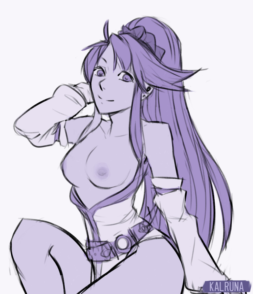 1girl breasts fire_emblem fire_emblem:_genealogy_of_the_holy_war kalruna medium_breasts nintendo nipples open_clothes purple_eyes purple_hair solo tailtiu_(fire_emblem)