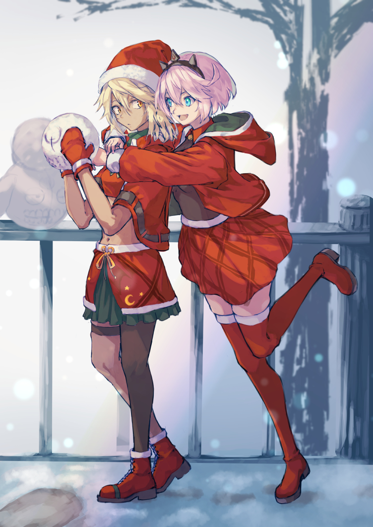 2girls :d black_shirt blonde_hair blue_eyes boots brown_eyes capelet christmas commentary crop_top dark-skinned_female dark_skin elphelt_valentine guilty_gear guilty_gear_xrd hat hug hug_from_behind jacket lucifero_(guilty_gear) medium_hair midriff miniskirt multiple_girls online_neet open_mouth pantyhose pink_hair ramlethal_valentine red_capelet red_footwear red_jacket red_shirt red_skirt santa_hat shirt short_hair siblings single_thighhigh sisters skirt smile thigh_boots thighhighs winter zettai_ryouiki