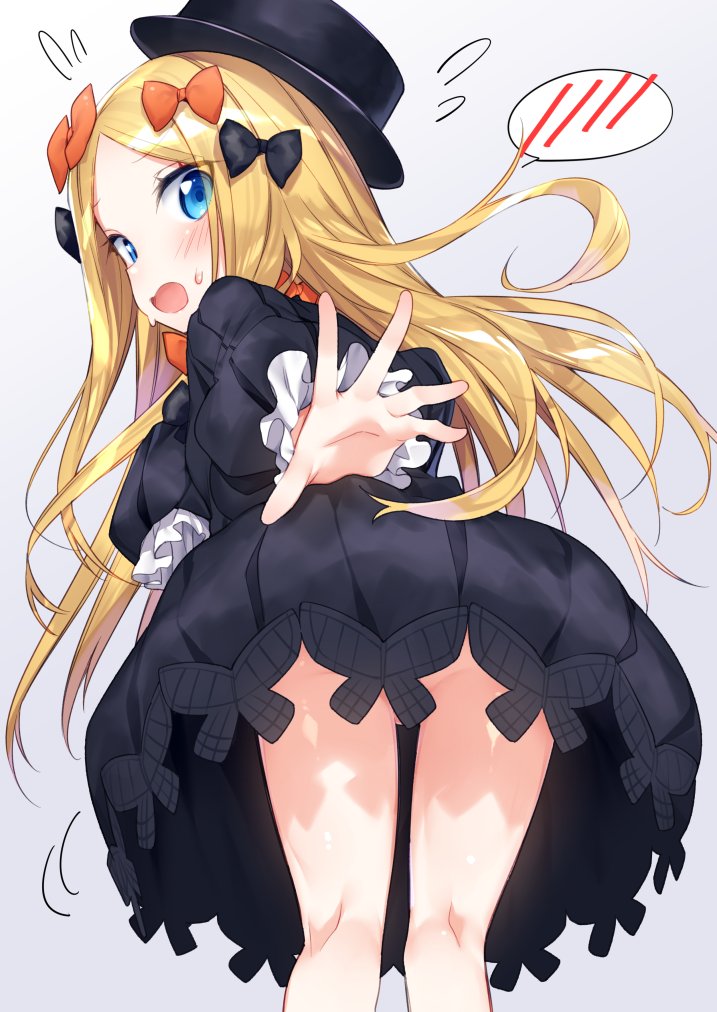 1girl abigail_williams_(fate) black_dress black_hat blonde_hair blue_eyes blush bow commentary_request convenient_censoring dress embarrassed fate/grand_order fate_(series) female_focus flying_sweatdrops from_behind hair_bow hat kneepits leaning_forward legs long_hair long_sleeves looking_back no_panties open_mouth outstretched_arm outstretched_hand ribbon sleeves_past_wrists solo spoken_blush thighs tousaki_shiina very_long_hair