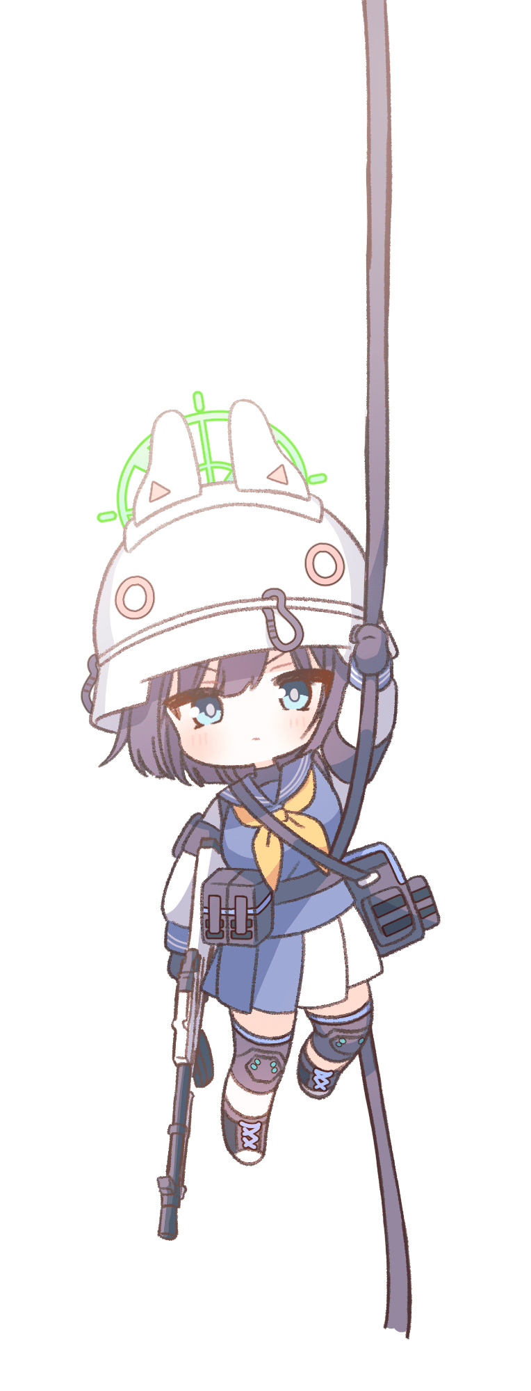 1girl animal_ears assault_rifle blue_archive blue_eyes fake_animal_ears female_focus gun halo helmet highres hyakucha knee_pads light_machine_gun machine_gun purple_hair rabbit_ears rappelling rifle rope saki_(blue_archive) school_uniform serafuku short_hair simple_background skirt weapon white_background white_helmet