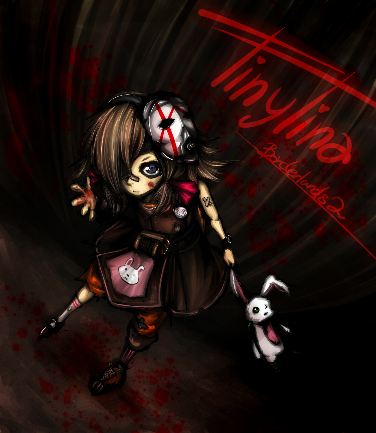 re:2, tiny tina, borderlands (series), borderlands 2, highres, tagme,  1girl, apron, bags under eyes, bandages, blonde hair, blood, blue eyes,  child, lapel pin, mask, short hair, solo - Image View - |