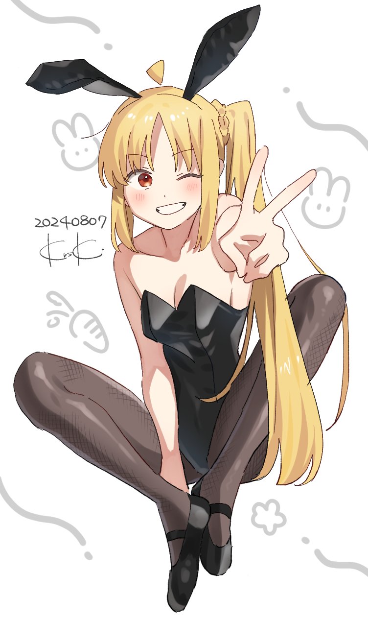 1girl ahoge alternate_costume animal_ears bare_shoulders black_footwear black_leotard black_pantyhose blonde_hair blush bocchi_the_rock! breasts carrot cleavage collarbone dated detached_ahoge fake_animal_ears fishnet_pantyhose fishnets flower_(symbol) grin highres ijichi_nijika leotard long_hair looking_at_viewer medium_breasts one_eye_closed pantyhose playboy_bunny rabbit_ears rabbit_symbol red_eyes shoes side_ponytail sidelocks simple_background sitting sk_tsu96 smile solo strapless strapless_leotard v white_background