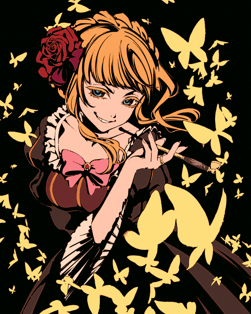 1girl beatrice_(umineko) black_background blonde_hair blue_eyes bow breasts bug butterfly commentary dress flower frills hair_flower hair_ornament insect looking_at_viewer moshimoshibe rose short_hair smile smoking_pipe solo thick_eyelashes umineko_no_naku_koro_ni